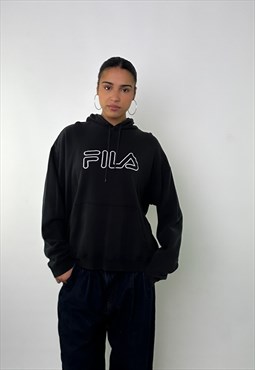 Black 90s FILA Embroidered Spellout Hoodie Sweatshirt