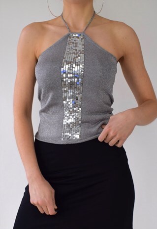 VINTAGE Y2K 90S KNITTED SEQUIN METALLIC HALTER NECK TOP