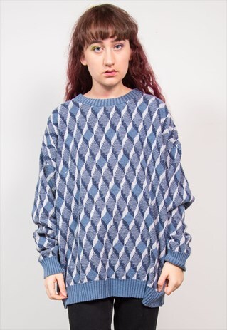 VINTAGE 90'S BLUE KNIT PATTERN OVERSIZED JUMPER