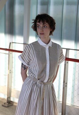 Vintage 80's Striped Pattern Short Sleeve Belted Midi Dress 