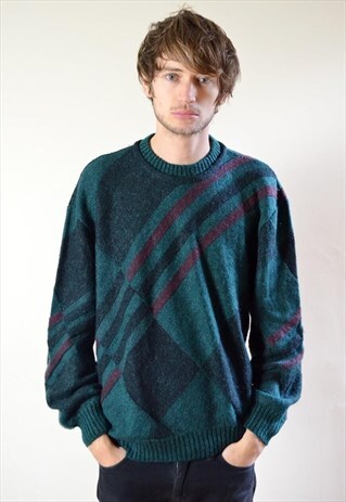 80S VINTAGE GREEN & RED STRIPE PATTERN KNIT JUMPER