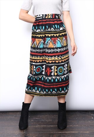 VINTAGE 90S MULTICOLOURED AZTEC PRINT MIDI SKIRT
