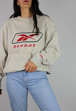 VINTAGE REEBOK SWEATSHIRT JUMPER W LOGO FRONT & SLEEVE
