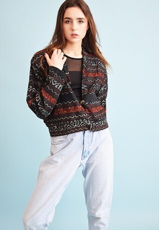 90'S RETRO ABSTRACT PATTERN STRIPPED ETHNIC CROPPED JACKET