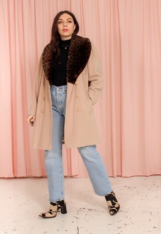 VINTAGE 80S CAMEL WOOL JACKET WITH LEOPARD PRINT COLLAR