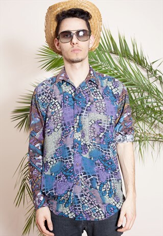 MENS VINTAGE LONG SLEEVE, ABSTRACT PRINT, BUTTON UP SHIRT