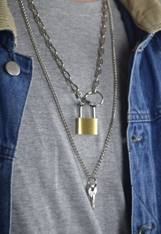 PADLOCK KEY PENDANT NECKLACE CHAIN SET - SILVER