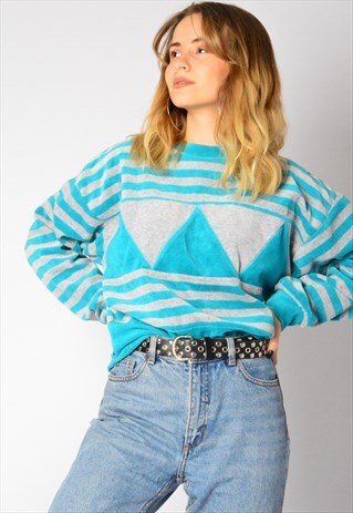 VINTAGE 90S BLUE GREY STRIPED VELVET SWEATSHIRT PETITE