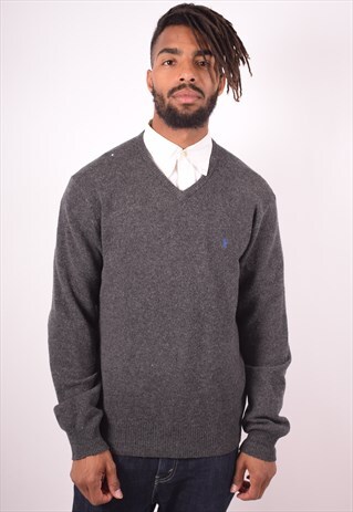 POLO RALPH LAUREN MENS VINTAGE JUMPER SWEATER LARGE GREY 90S