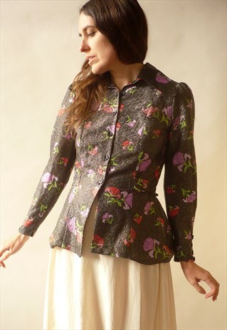 1970'S VINTAGE SEMI SHEER FLORAL METALLIC LAME SHIRT