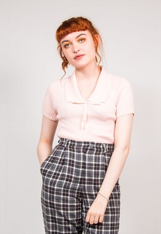 70'S VINTAGE LIGHT PINK COLLARED CUTE KNIT TOP