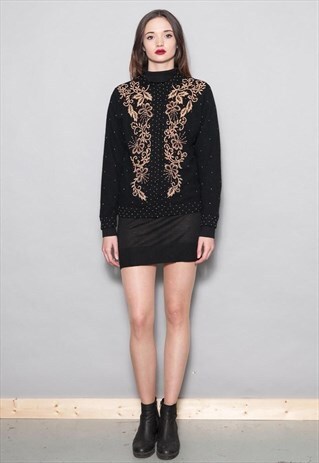 VINTAGE 80'S BLACK GOLD BEADED SOFT WOOL CARDIGAN
