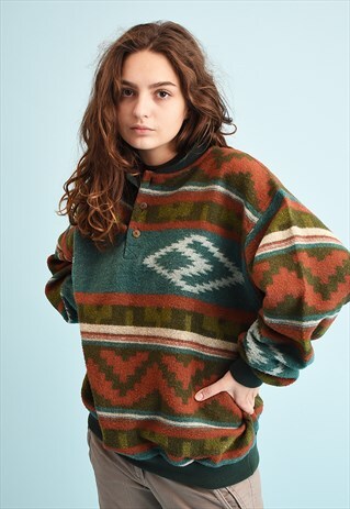 80'S RETRO ETHNIC PRINT ATHLEISURE FLEECE SWEATSHIRT JUMPER