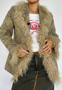 Vintage 90s Jacket Afghan Coat Monogolian Faux Fur Trim Y2k