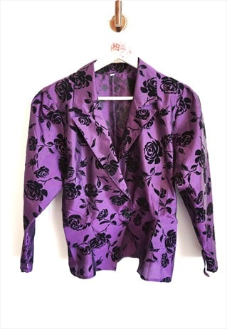 VINTAGE SUMMER PURPLE BLAZER BLOUSE BLACK ROSES 