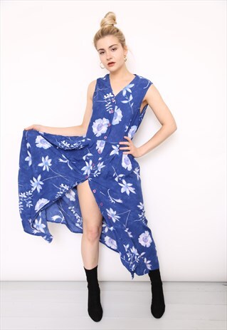 VINTAGE 90S BLUE FLORAL BUTTON MIDI DRESS