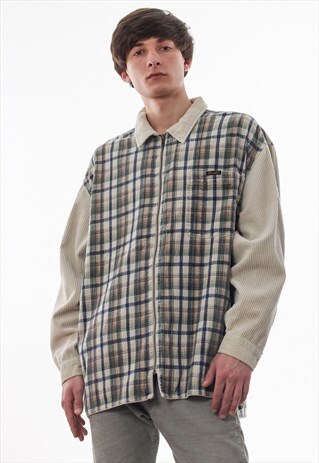 VINTAGE WRANGLER CORDUROY 90S GREEN BLUE CHECKED BEIGE