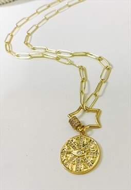 Gold Plated Zodiac Medallion Necklace with Star Bolt