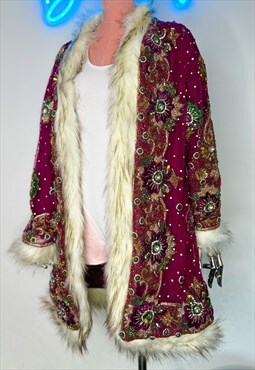 Afghan Faux Fur Sequin Coat Party Christmas Red