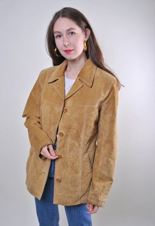 BEIGE HERITAGE WOMAN LEATHER GRUNGE WORKER JACKET , SIZE L