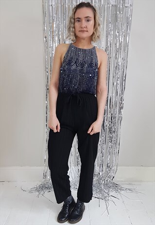 VINTAGE 90'S BLUE SILK SEQUIN VEST TOP W/ SCALLOPED HEM