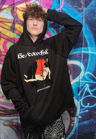 FLEECE WITCH HOODIE DEATH PRINT CAREFUL SLOGAN PUNK PULLOVER