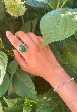 Green Gemstone Oval Ring with Double Band in Sterling Silver