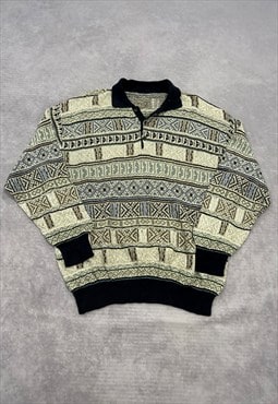 Vintage Knitted Jumper Patterned 1/4 Button Grandad Sweater