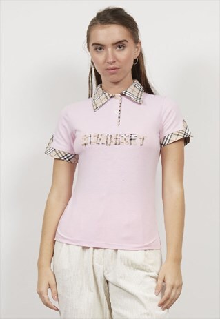 VINTAGE 90'S BURBERRY TARTAN BABY PINK POLO TOP