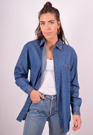 WOMENS VINTAGE DENIM SHIRT SMALL BLUE 90S