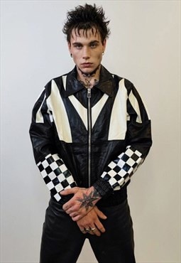Faux leather motor sport jacket F1 racing jacket check print