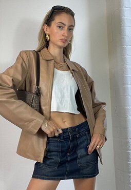 Vintage Y2k Beige Brown Leather Jacket Zipped Grunge