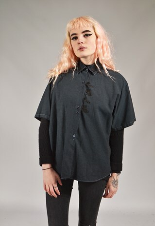 VINTAGE CHARCOAL GREY EMBROIDERED SHIRT