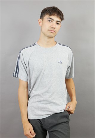 GREY & BLACK ADIDAS T-SHIRT WITH STRIPED SLEEVES
