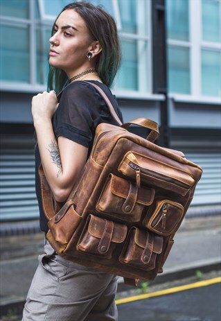 PREMIUM STRESSED BROWN LEATHER OFFICE WORK BACKPACK