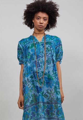 70'S PASTEL BLUE AND GREEN FLORAL PATTERN FESTIVAL DRESS