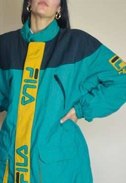 Vintage Fila Padded Coat w Spell Out Logo Front & Back