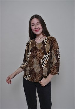 Vintage Y2k leopard top, pullover stretchy shirt MEDIUM size