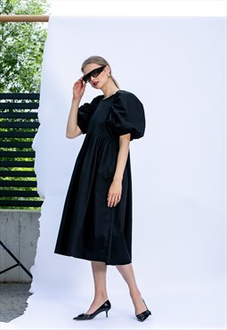 Black Cotton Dress with Puff Sleeves, Below The Knee Dress