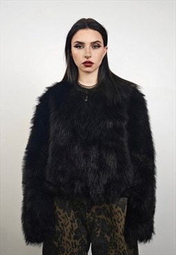 Collarless faux fur coat black cropped luxury bomber