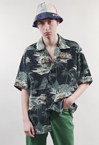 VINTAGE 80'S SHORT-SLEEVE BLUE PALM PRINT HAWAIIAN SHIRT