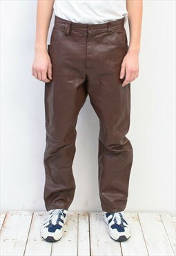Vintage Men's W33 L32 Leather Pants Trousers Zip Fly Brown