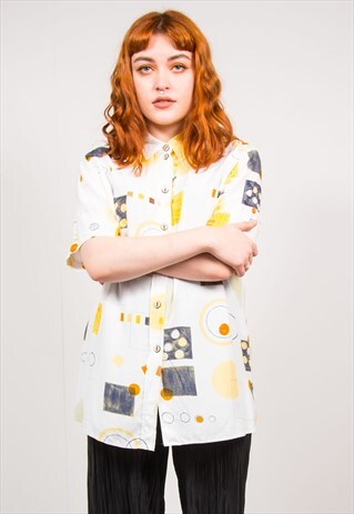VINTAGE 90'S WHITE & YELLOW ABSTRACT PATTERN SHIRT