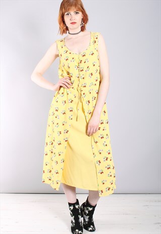VINTAGE 80S LEMON YELLOW FLORAL STRAWBERRY LAYERED DRESS