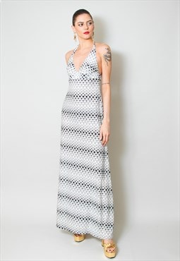 70's Vintage White Black Halter Neck Maxi Dress