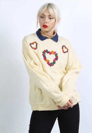 VINTAGE 90'S HEART PRINT COLLAR SWEATSHIRT YELLOW