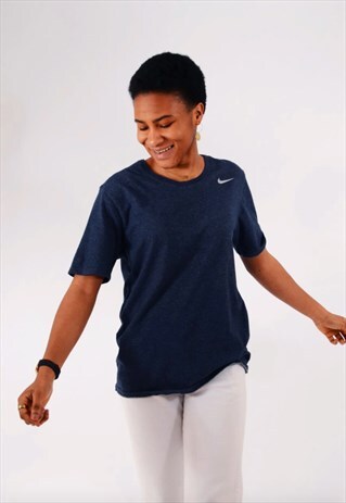 VINTAGE NIKE DRIFIT T-SHIRT NAVY BLUE WITH SILVER TICK