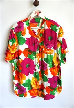 Vintage Womens Floral  Flowers Blouse Shirt Top 