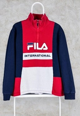 Vintage Fila Sweatshirt 1/4 Zip Spell Out Red Blue White 