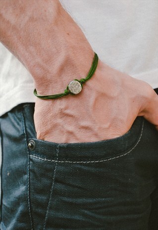 GREEN BRACELET FOR MEN, SILVER CIRCLE ROUND BEAD, FOR HIM